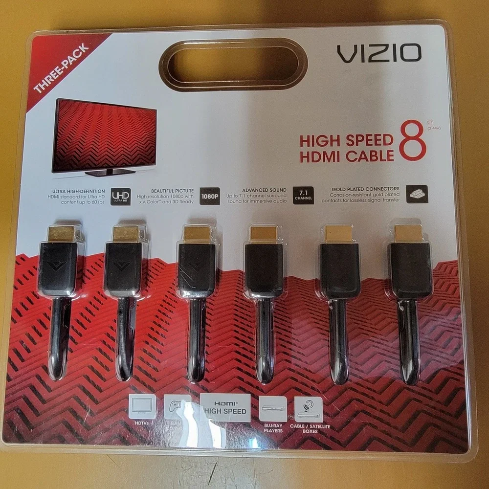 NEW VIZIO 3 PACK 8 FEET HDMI CABLES GOLD PLATED CONNECTION ULTRA HIGH DEF SPEED